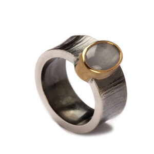 Ring aus Silber, geschwärzt mit Sternsaphir und in 750er Gelbgold-Fassung